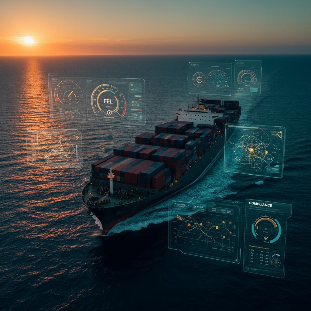 Modern vessel navigating regulatory and fuel challenges with digital visibility